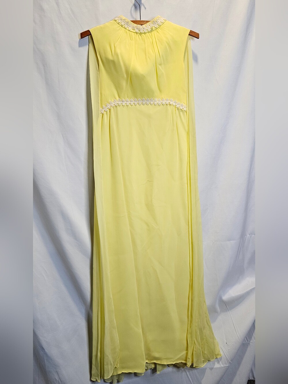 Vintage 1960s pale yellow chiffon maxi gown with Cape Old Hollywood Glam